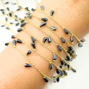 Coated Black Spinel Drop Dangle Gold Plated 925 Sterling Silver Wire Chain